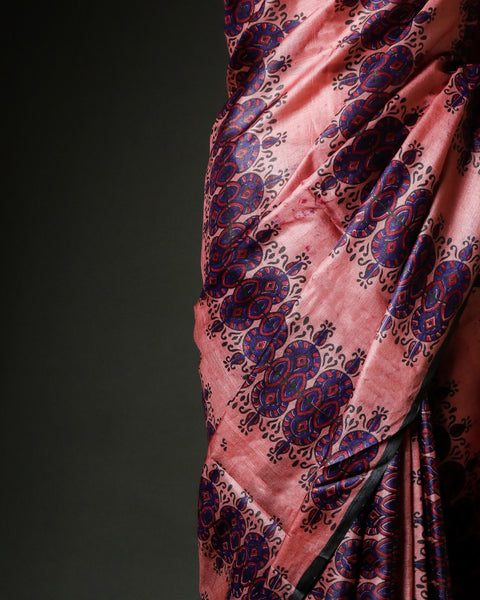 Dusty Rose Tussar Silk Saree with Deep Violet Hand-Block Prints