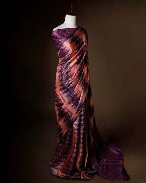 Dusty Rose Tussar Silk Saree with Deep Violet Hand-Block Prints