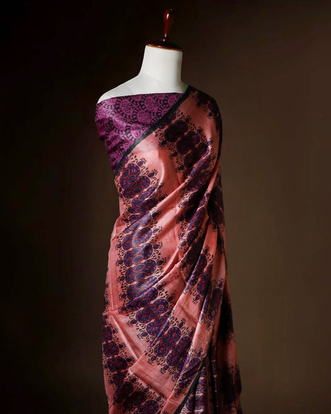 Dusty Rose Tussar Silk Saree with Deep Violet Hand-Block Prints