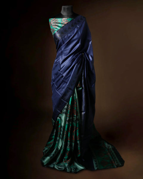 Hand-Block Printed Navy Tussar Saree | Pure Silk Designer Ethnic Wear