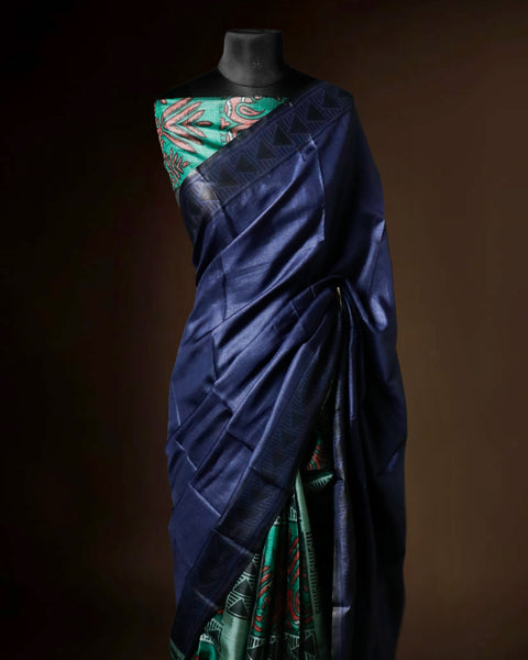 Hand-Block Printed Navy Tussar Saree | Pure Silk Designer Ethnic Wear