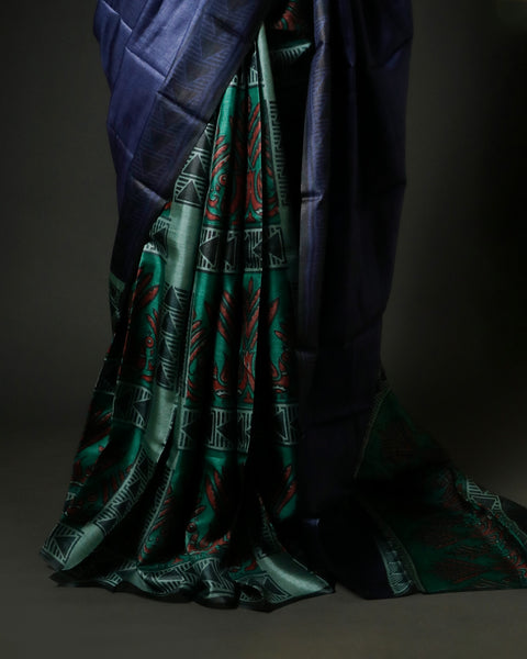 Hand-Block Printed Navy Tussar Saree | Pure Silk Designer Ethnic Wear