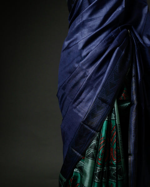 Hand-Block Printed Navy Tussar Saree | Pure Silk Designer Ethnic Wear