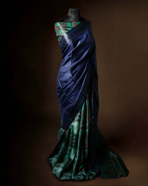 Hand-Block Printed Navy Tussar Saree | Pure Silk Designer Ethnic Wear