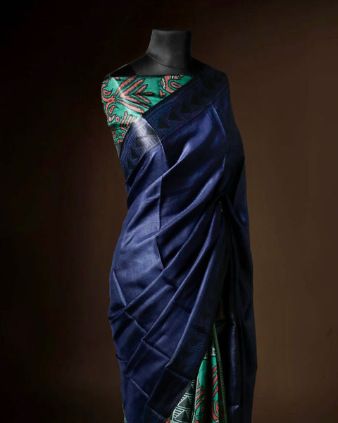 Hand-Block Printed Navy Tussar Saree | Pure Silk Designer Ethnic Wear