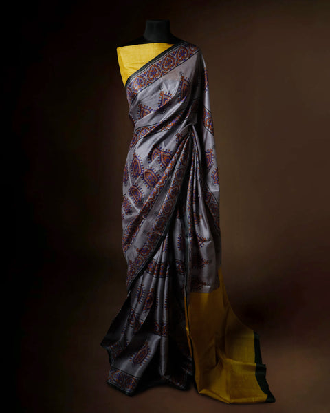 Slate Grey Tussar Silk Saree with Mustard Pallu & Paisley Block Prints
