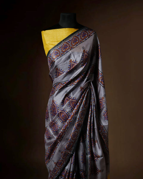 Slate Grey Tussar Silk Saree with Mustard Pallu & Paisley Block Prints