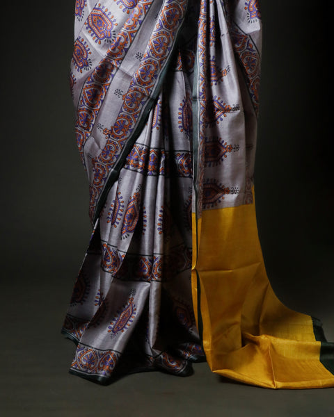 Slate Grey Tussar Silk Saree with Mustard Pallu & Paisley Block Prints