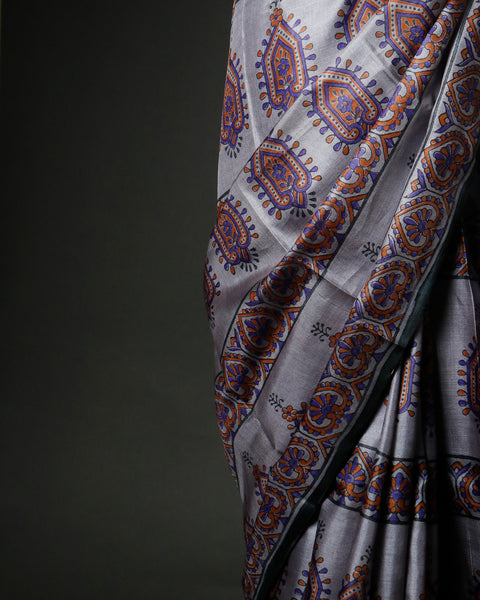 Slate Grey Tussar Silk Saree with Mustard Pallu & Paisley Block Prints