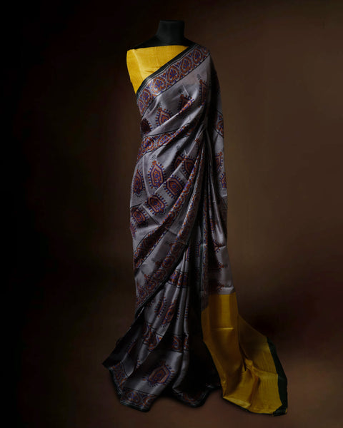 Slate Grey Tussar Silk Saree with Mustard Pallu & Paisley Block Prints