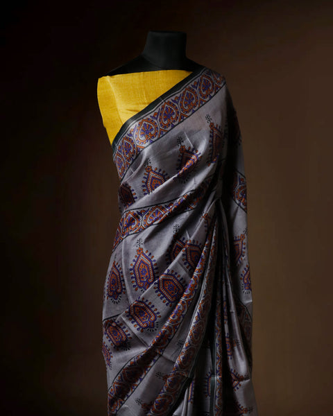 Slate Grey Tussar Silk Saree with Mustard Pallu & Paisley Block Prints