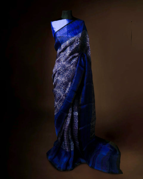 Midnight Cobalt & Silver Organza Saree with Intricate Paisley Weave | Handcrafted Luxury