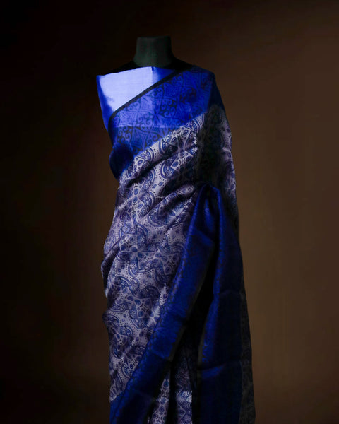 Midnight Cobalt & Silver Organza Saree with Intricate Paisley Weave | Handcrafted Luxury