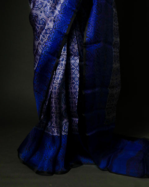 Midnight Cobalt & Silver Organza Saree with Intricate Paisley Weave | Handcrafted Luxury