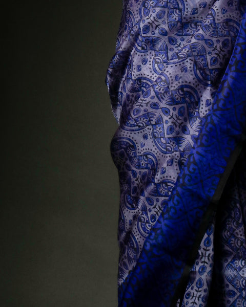 Midnight Cobalt & Silver Organza Saree with Intricate Paisley Weave | Handcrafted Luxury
