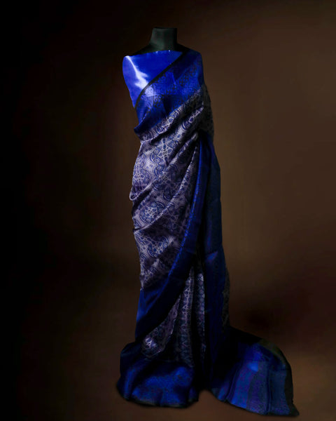 Midnight Cobalt & Silver Organza Saree with Intricate Paisley Weave | Handcrafted Luxury