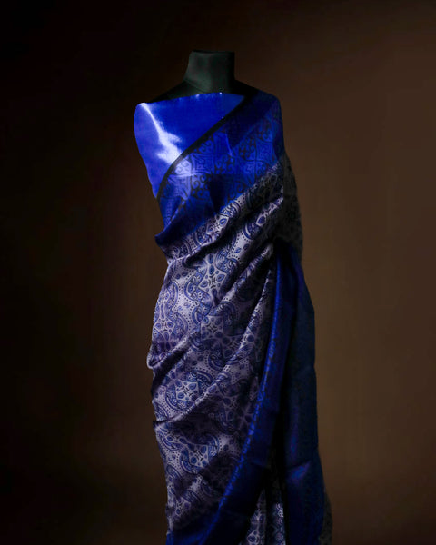 Midnight Cobalt & Silver Organza Saree with Intricate Paisley Weave | Handcrafted Luxury