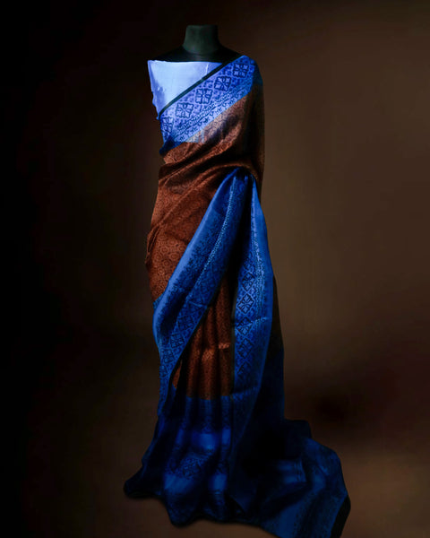 Royal Blue and Copper Organza Saree with Floral Border Elegant Party Wear Saree