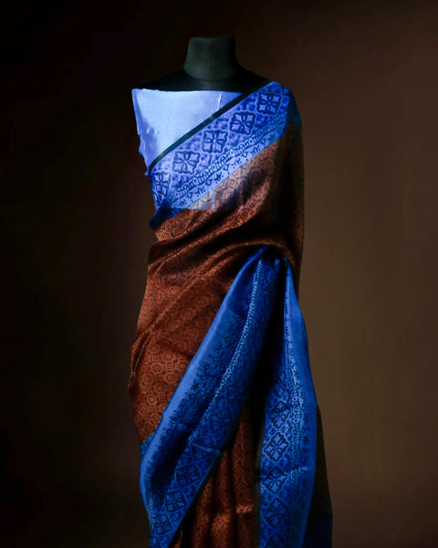Royal Blue and Copper Organza Saree with Floral Border Elegant Party Wear Saree