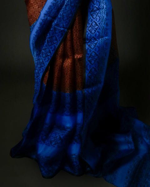 Royal Blue and Copper Organza Saree with Floral Border Elegant Party Wear Saree