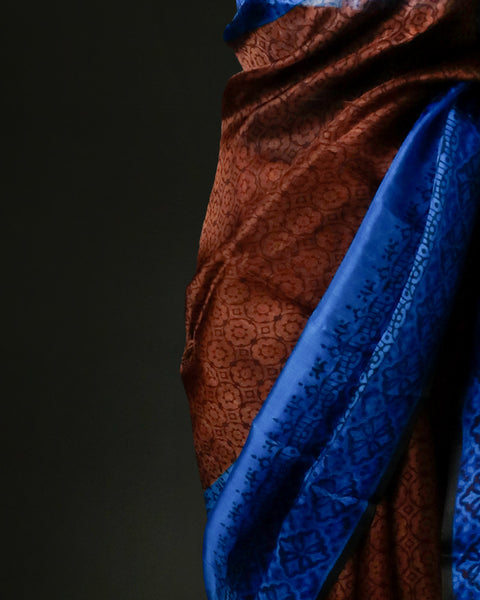 Royal Blue and Copper Organza Saree with Floral Border Elegant Party Wear Saree
