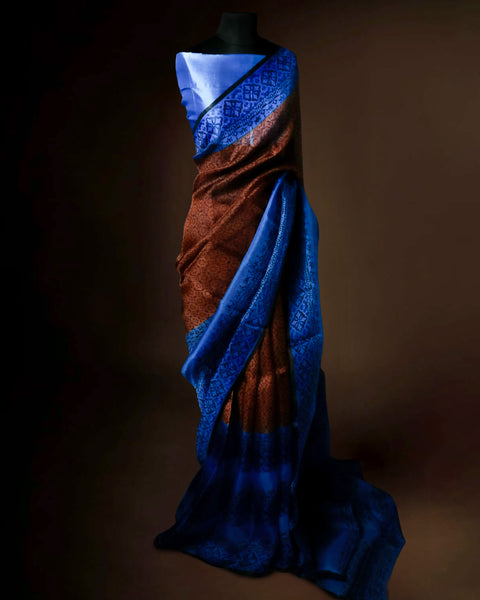 Royal Blue and Copper Organza Saree with Floral Border Elegant Party Wear Saree