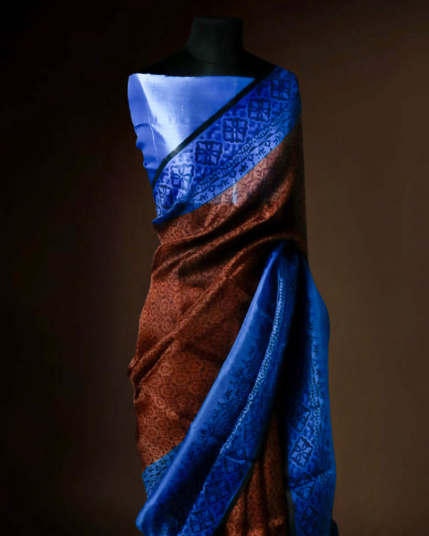 Royal Blue and Copper Organza Saree with Floral Border Elegant Party Wear Saree