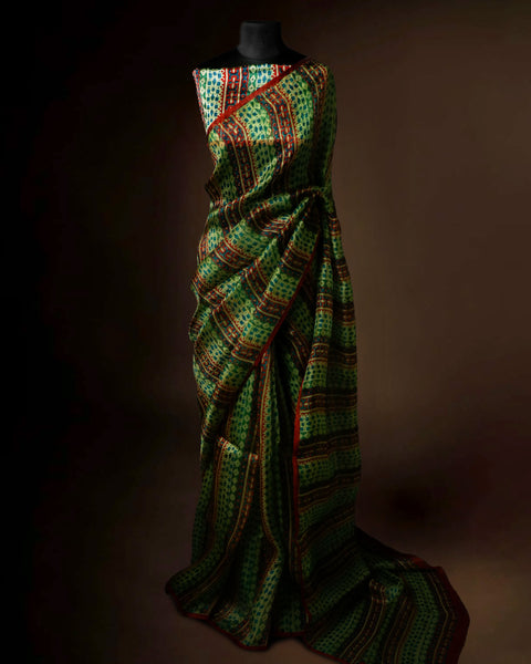 Premium Green Organza Saree with Traditional Pattern and Red Border Stylish Ethnic Wear
