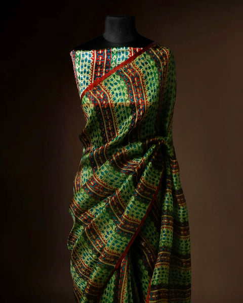 Premium Green Organza Saree with Traditional Pattern and Red Border Stylish Ethnic Wear