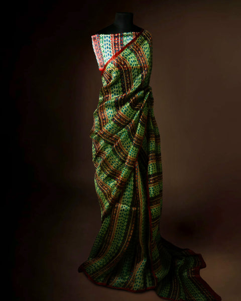 Premium Green Organza Saree with Traditional Pattern and Red Border Stylish Ethnic Wear