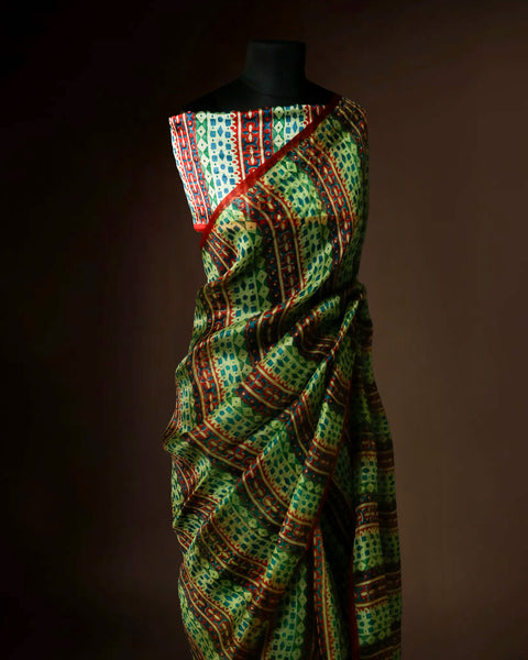 Premium Green Organza Saree with Traditional Pattern and Red Border Stylish Ethnic Wear
