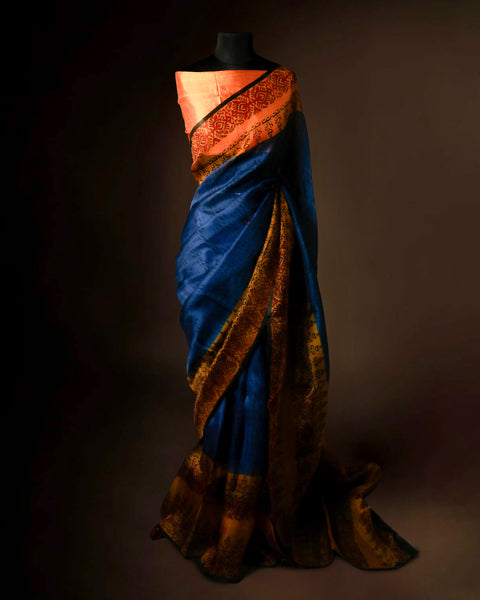 Designer Dual Tone Organza Saree Blue and Peach Traditional Pattern Saree