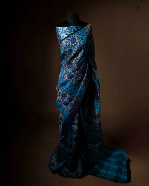 Stylish Blue Organza Saree with Ethnic Block Prints Modern Traditional Saree