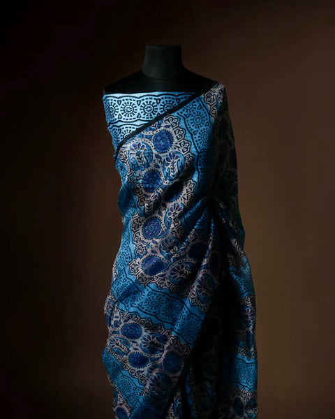 Stylish Blue Organza Saree with Ethnic Block Prints Modern Traditional Saree