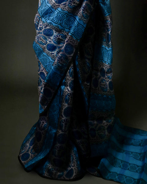 Stylish Blue Organza Saree with Ethnic Block Prints Modern Traditional Saree