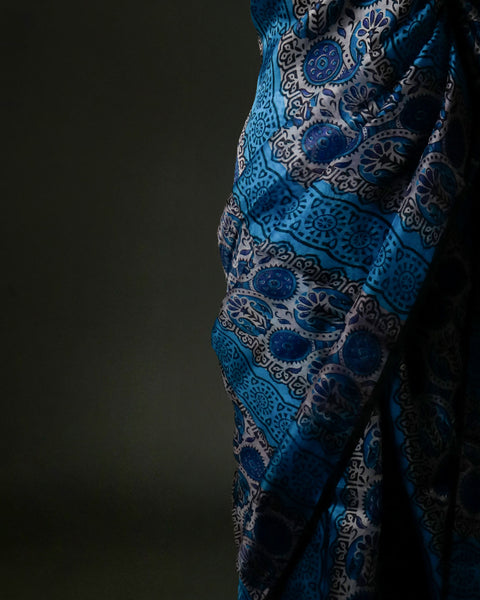 Stylish Blue Organza Saree with Ethnic Block Prints Modern Traditional Saree