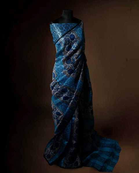 Stylish Blue Organza Saree with Ethnic Block Prints Modern Traditional Saree