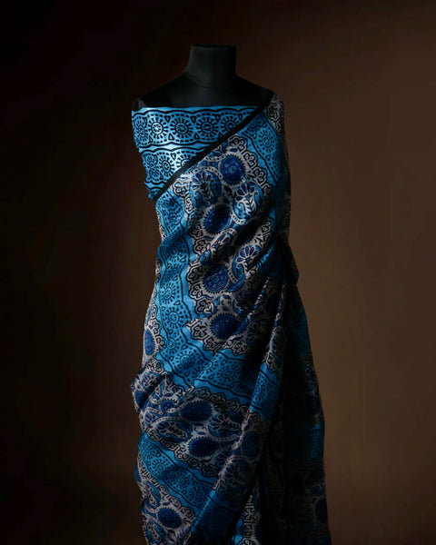 Stylish Blue Organza Saree with Ethnic Block Prints Modern Traditional Saree