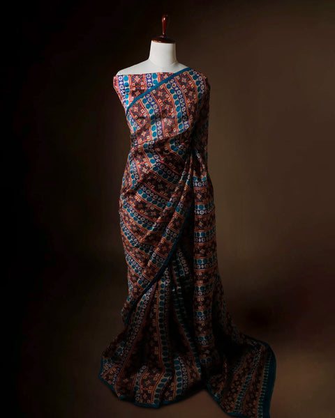 Luxury Printed Organza Silk Saree in Maroon & Teal Blue - Uddup Silk