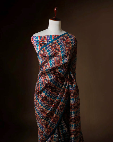 Luxury Printed Organza Silk Saree in Maroon & Teal Blue - Uddup Silk