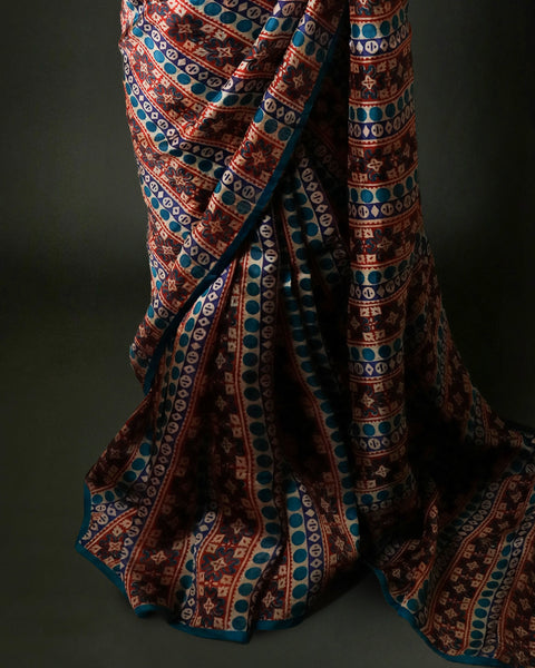 Luxury Printed Organza Silk Saree in Maroon & Teal Blue - Uddup Silk