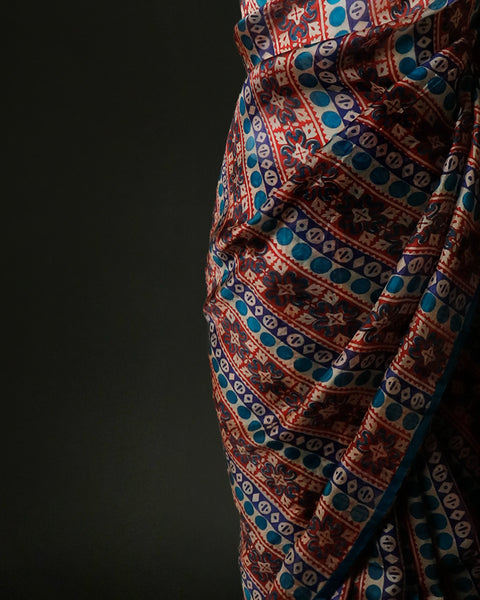 Luxury Printed Organza Silk Saree in Maroon & Teal Blue - Uddup Silk