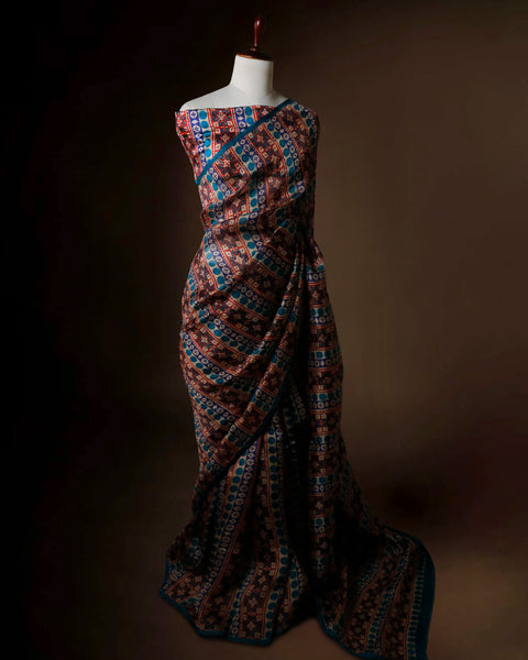 Luxury Printed Organza Silk Saree in Maroon & Teal Blue - Uddup Silk