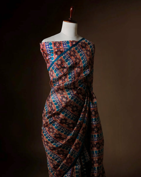 Luxury Printed Organza Silk Saree in Maroon & Teal Blue - Uddup Silk