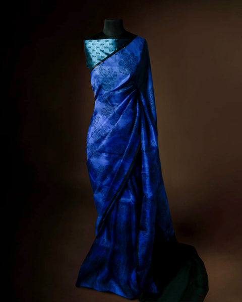 Royal Blue Printed Organza Silk Saree with Floral Motifs – Uddup Silk