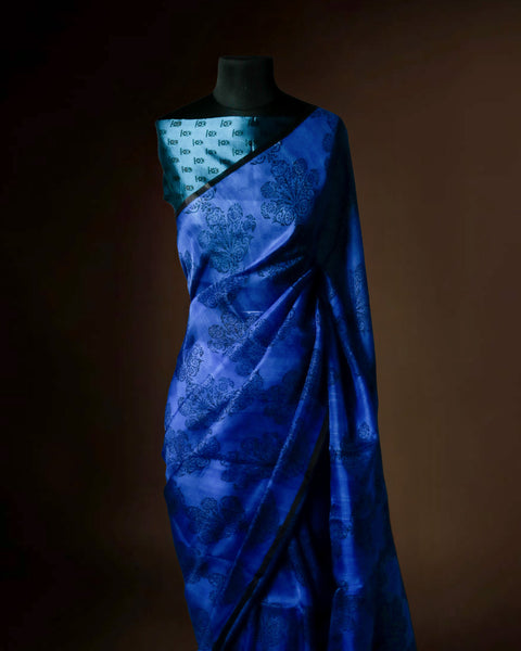 Royal Blue Printed Organza Silk Saree with Floral Motifs – Uddup Silk