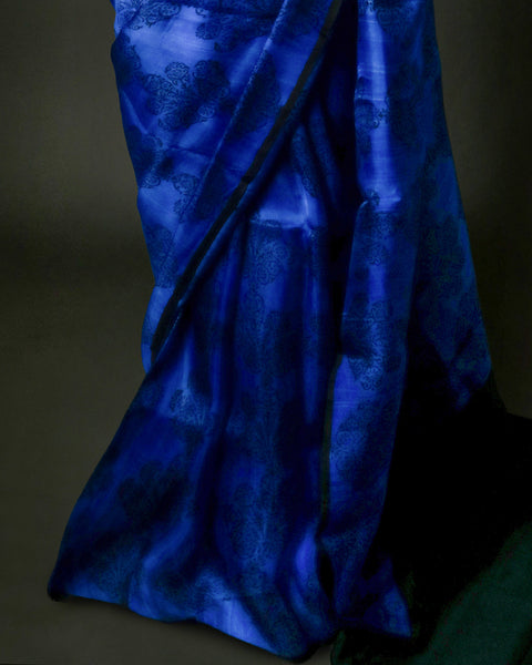 Royal Blue Printed Organza Silk Saree with Floral Motifs – Uddup Silk