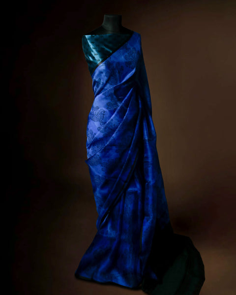 Royal Blue Printed Organza Silk Saree with Floral Motifs – Uddup Silk