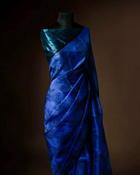 Royal Blue Printed Organza Silk Saree with Floral Motifs – Uddup Silk
