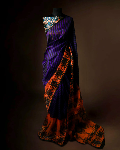 Royal Purple & Burnt Orange Organza Saree with Designer Stripes – Uddup Silk